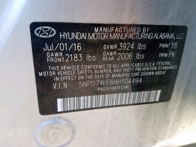 5NPD74LF6HH104494 - 2017 HYUNDAI ELANTRA SE SILVER photo 10