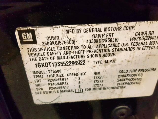 1GKDT13S552296922 - 2005 GMC ENVOY BLACK photo 10