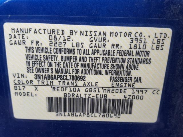 3N1AB6AP8CL780692 - 2012 NISSAN SENTRA 2.0 BLUE photo 10