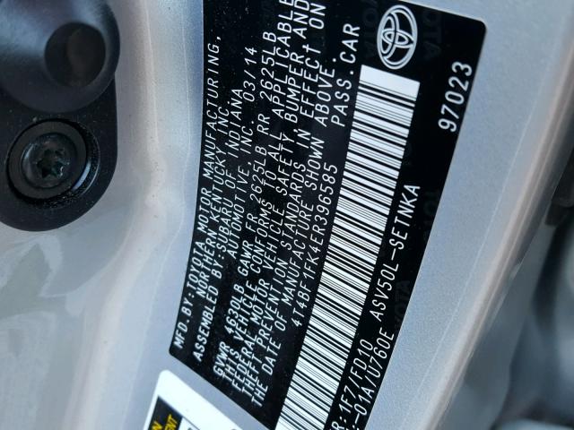 4T4BF1FK4ER396585 - 2014 TOYOTA CAMRY L SILVER photo 10