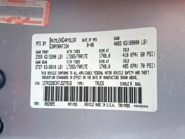 1D7KS28C07J527916 - 2007 DODGE RAM 2500 S Արծաթագույն լուսանկար 10