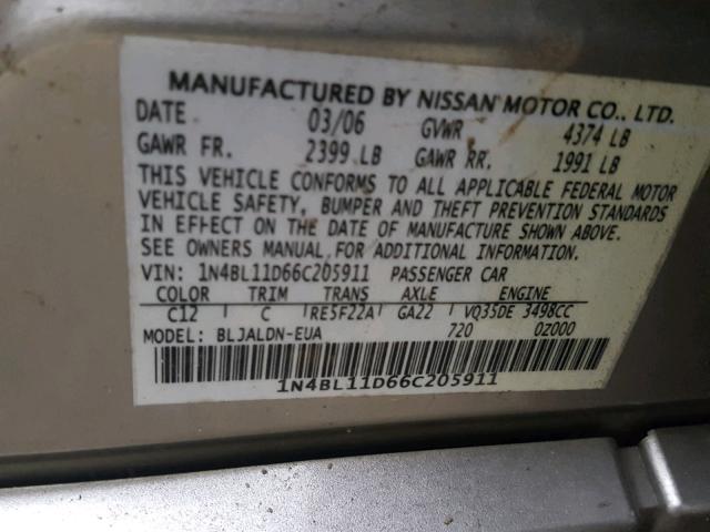 1N4BL11D66C205911 - 2006 NISSAN ALTIMA SE TAN photo 10