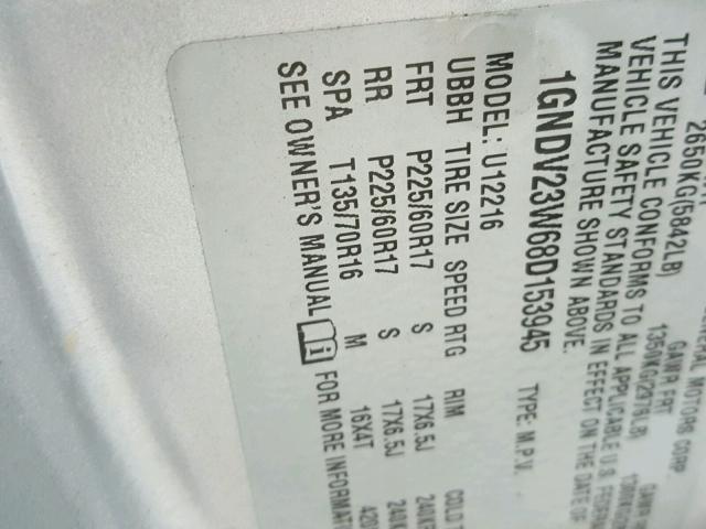 1GNDV23W68D153945 - 2008 CHEVROLET UPLANDER L Gümüş foto 10