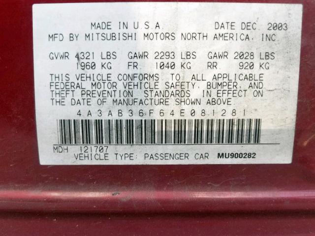 4A3AB36F64E081281 - 2004 MITSUBISHI GALANT ES MAROON photo 10