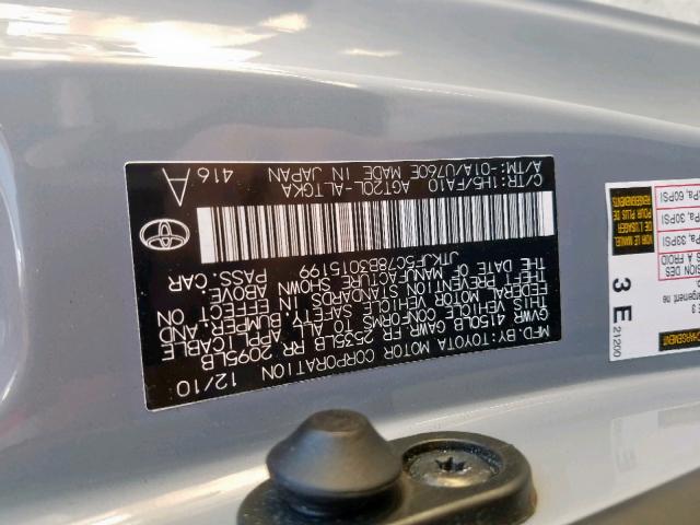 JTKJF5C78B3015199 - 2011 TOYOTA SCION TC ნაცრისფერი ფოტო 10