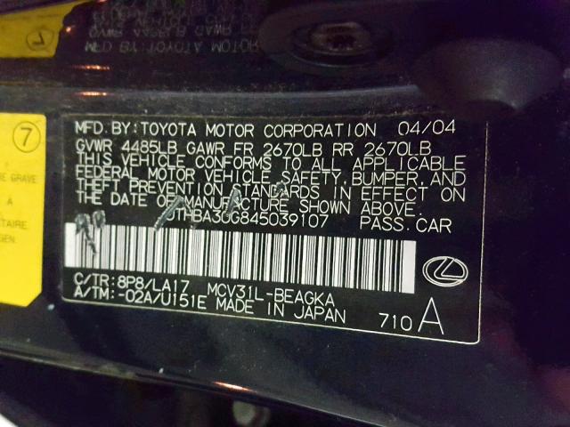 JTHBA30G845039107 - 2004 LEXUS ES 330 BLUE photo 10