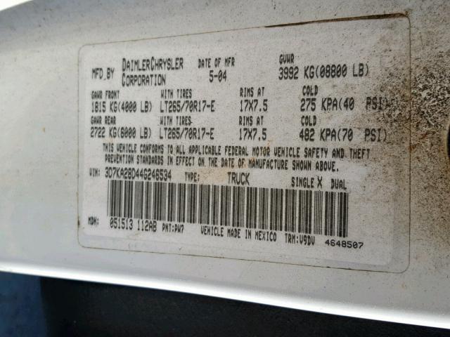3D7KA28D44G246534 - 2004 DODGE RAM 2500 S Սպիտակ լուսանկար 10