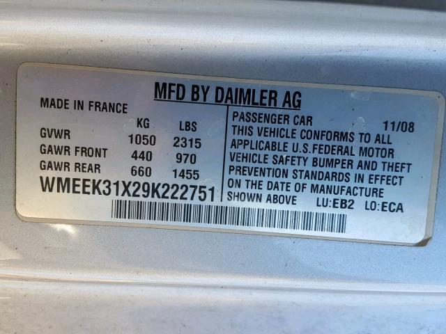 WMEEK31X29K222751 - 2009 SMART FORTWO PAS 银色 照片 10