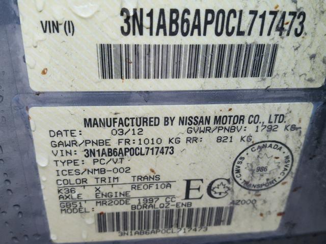 3N1AB6AP0CL717473 - 2012 NISSAN SENTRA 2.0 GRAY photo 10