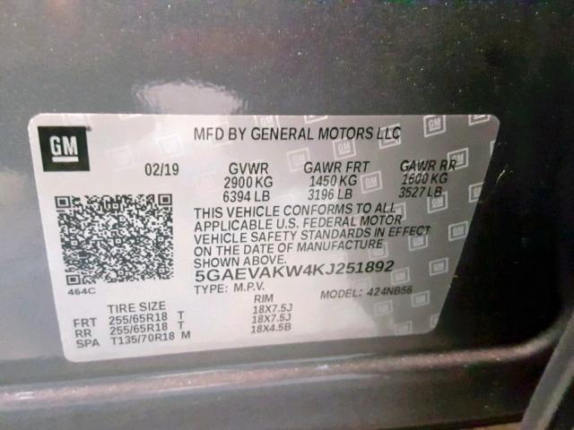 5GAEVAKW4KJ251892 - 2019 BUICK ENCLAVE ES GRAY photo 10
