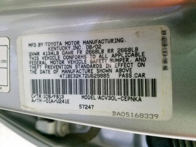 4T1BE32K72U629885 - 2002 TOYOTA CAMRY LE SILVER photo 10