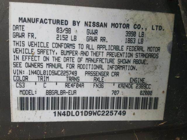 1N4DL01D9WC225749 - 1998 NISSAN ALTIMA XE GOLD photo 10