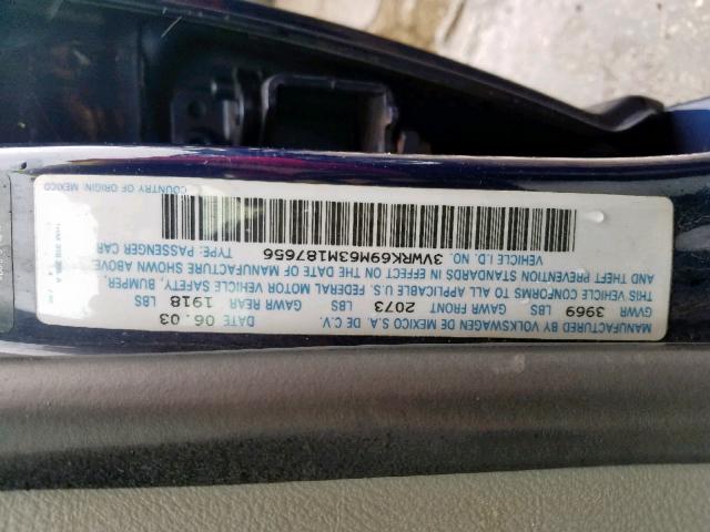 3VWRK69M63M187656 - 2003 VOLKSWAGEN JETTA GL BLUE photo 10