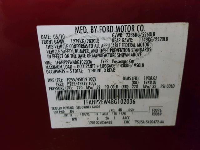 1FAHP2EW4BG102036 - 2011 FORD TAURUS SEL RED photo 10