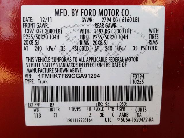 1FMHK7F89CGA91294 - 2012 FORD EXPLORER L RED photo 10