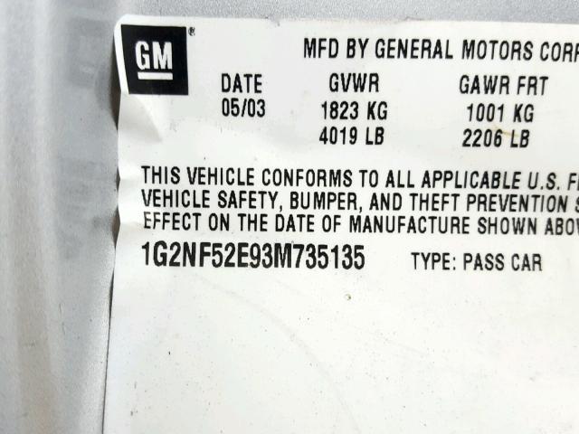 1G2NF52E93M735135 - 2003 PONTIAC GRAND AM S SILVER photo 10