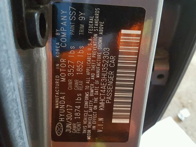 KMHCT4AE3HU352303 - 2017 HYUNDAI ACCENT SE GRAY photo 10