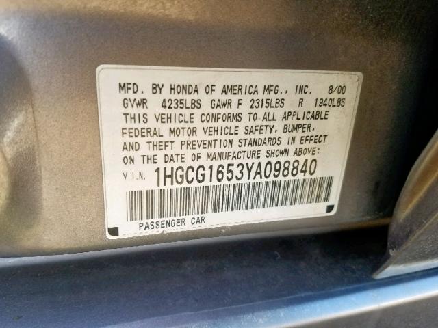 1HGCG1653YA098840 - 2000 HONDA ACCORD EX CHARCOAL photo 10