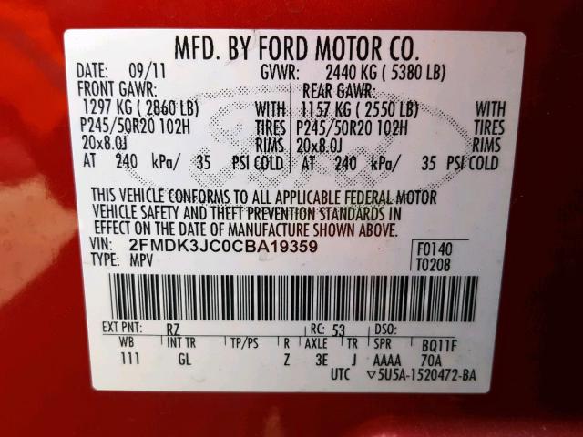 2FMDK3JC0CBA19359 - 2012 FORD EDGE SEL RED photo 10