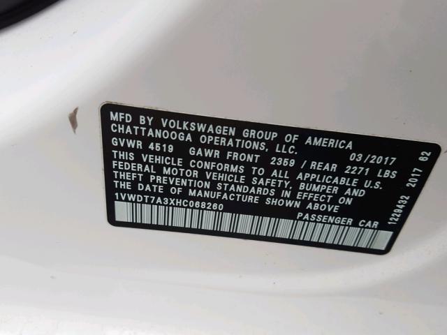 1VWDT7A3XHC068260 - 2017 VOLKSWAGEN PASSAT R-L 白色 照片 10