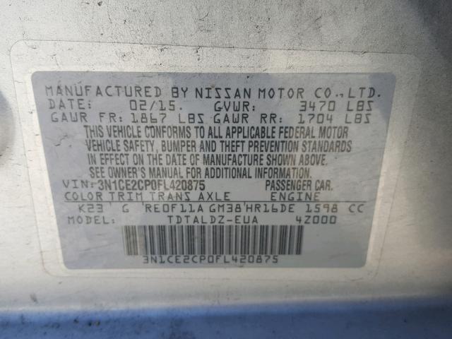 3N1CE2CP0FL420875 - 2015 NISSAN VERSA NOTE SILVER photo 10