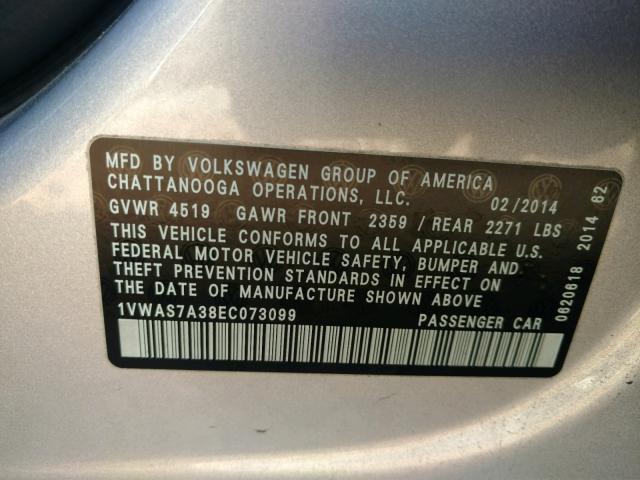 1VWAS7A38EC073099 - 2014 VOLKSWAGEN PASSAT S SILVER photo 10