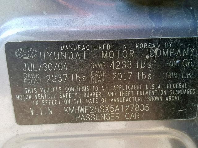 KMHWF25SX5A127835 - 2005 HYUNDAI SONATA GL GRAY photo 10