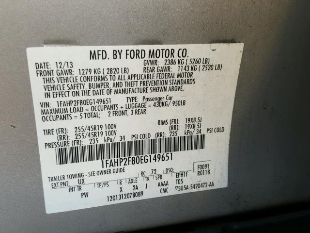 1FAHP2F80EG149651 - 2014 FORD TAURUS LIM SILVER photo 10