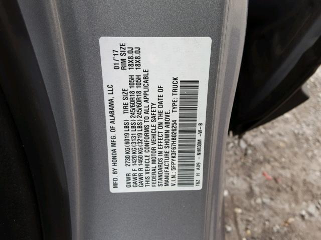 5FPYK3F67HB026254 - 2017 HONDA RIDGELINE SILVER photo 10