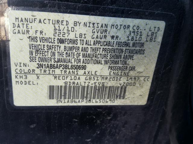 3N1AB6AP3BL650690 - 2011 NISSAN SENTRA 2.0 BLACK photo 10