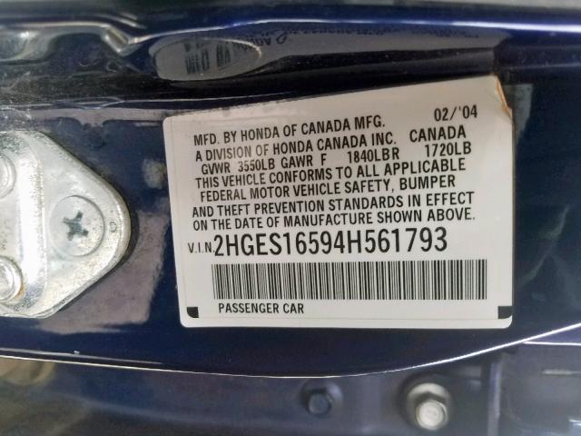 2HGES16594H561793 - 2004 HONDA CIVIC LX BLUE photo 10