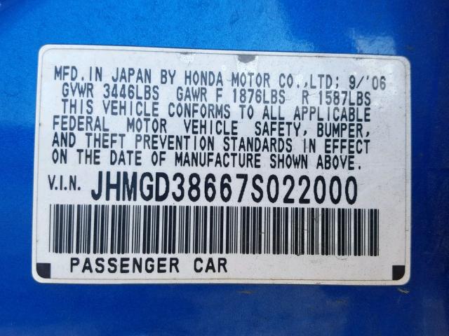 JHMGD38667S022000 - 2007 HONDA FIT S BLUE photo 10