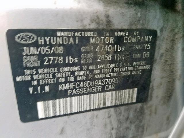 KMHFC46D89A370957 - 2009 HYUNDAI AZERA GLS SILVER photo 10