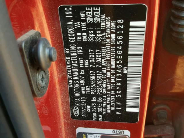 5XYKT3A65EG456128 - 2014 KIA SORENTO LX RED photo 10