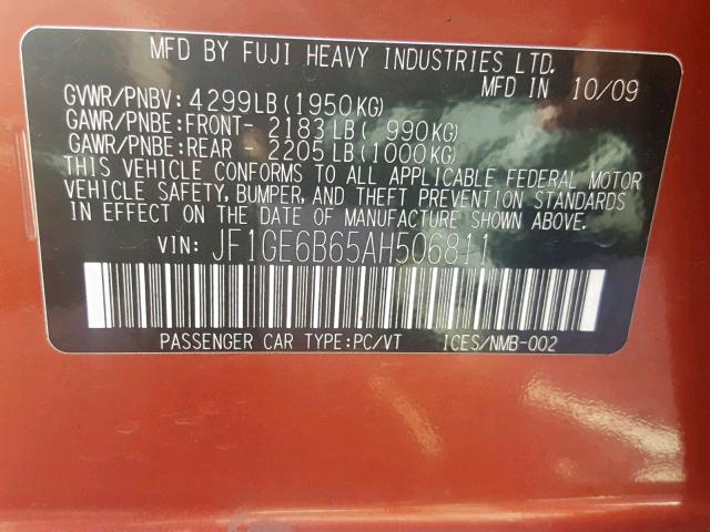 JF1GE6B65AH506811 - 2010 SUBARU IMPREZA 2. ORANGE photo 10