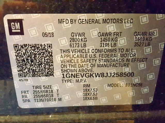 1GNEVGKW8JJ258500 - 2018 CHEVROLET TRAVERSE L GREEN photo 10