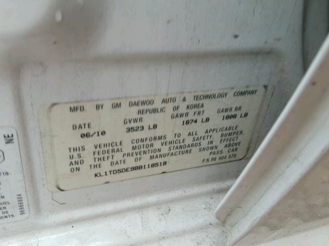 KL1TD5DE9BB118518 - 2011 CHEVROLET AVEO LS WHITE photo 10