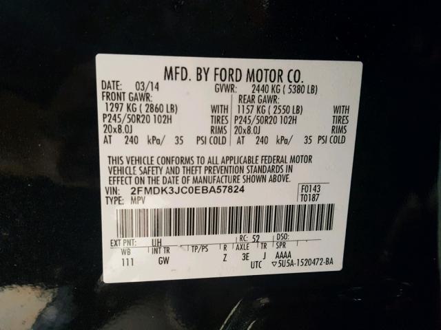 2FMDK3JC0EBA57824 - 2014 FORD EDGE SEL BLACK photo 10