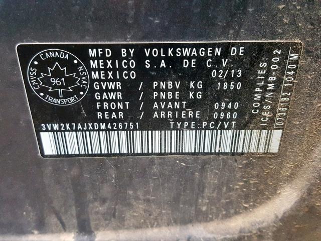 3VW2K7AJXDM426751 - 2013 VOLKSWAGEN JETTA BASE 灰色 照片 10