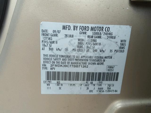 2FMDK39C77BB71262 - 2007 FORD EDGE SEL P TAN photo 10