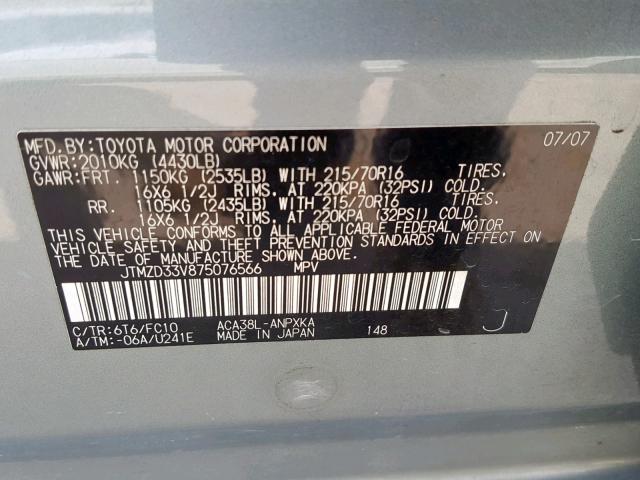 JTMZD33V875076566 - 2007 TOYOTA RAV4 GREEN photo 10