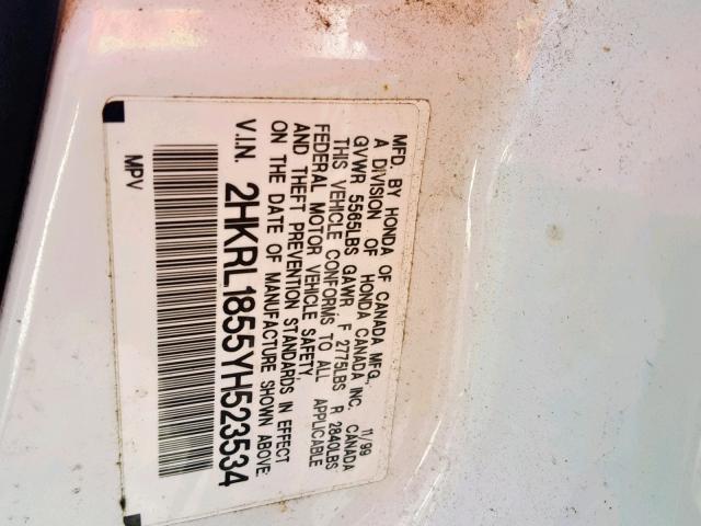 2HKRL1855YH523534 - 2000 HONDA ODYSSEY LX WHITE photo 10