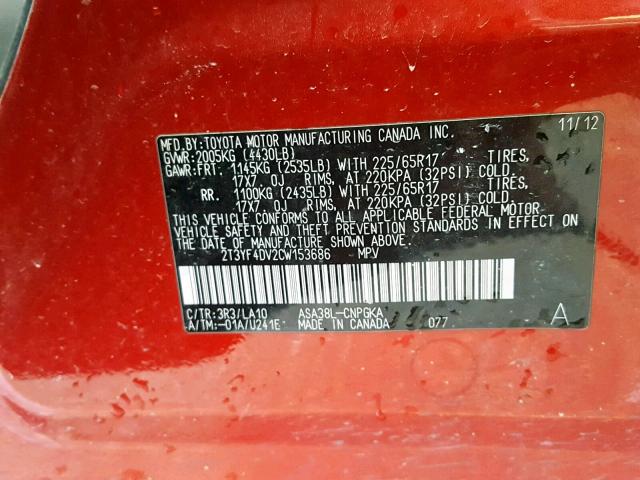 2T3YF4DV2CW153686 - 2012 TOYOTA RAV4 LIMIT RED photo 10