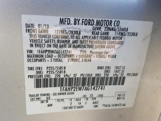 1FAHP2EW7AG142741 - 2010 FORD TAURUS SEL SILVER photo 10