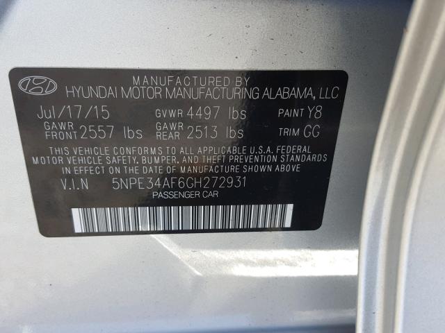 5NPE34AF6GH272931 - 2016 HYUNDAI SONATA SPO SILVER photo 10