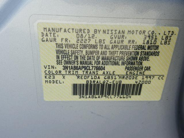 3N1AB6AP9CL776604 - 2012 NISSAN SENTRA 2.0 SILVER photo 10