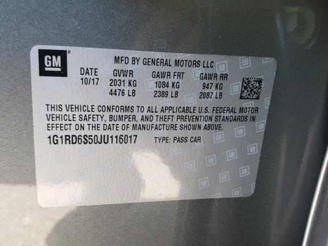 1G1RD6S50JU116017 - 2018 CHEVROLET VOLT PREMI GRAY photo 10