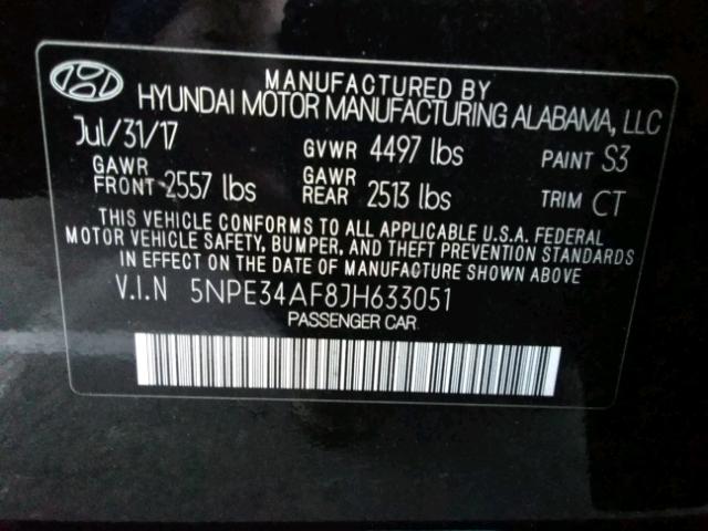 5NPE34AF8JH633051 - 2018 HYUNDAI SONATA SPO BLACK photo 10