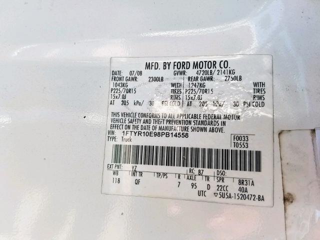 1FTYR10E98PB14558 - 2008 FORD RANGER WHITE photo 10