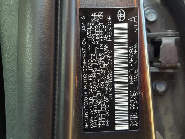 JTDKDTB39G1127419 - 2016 TOYOTA PRIUS C GRAY photo 10